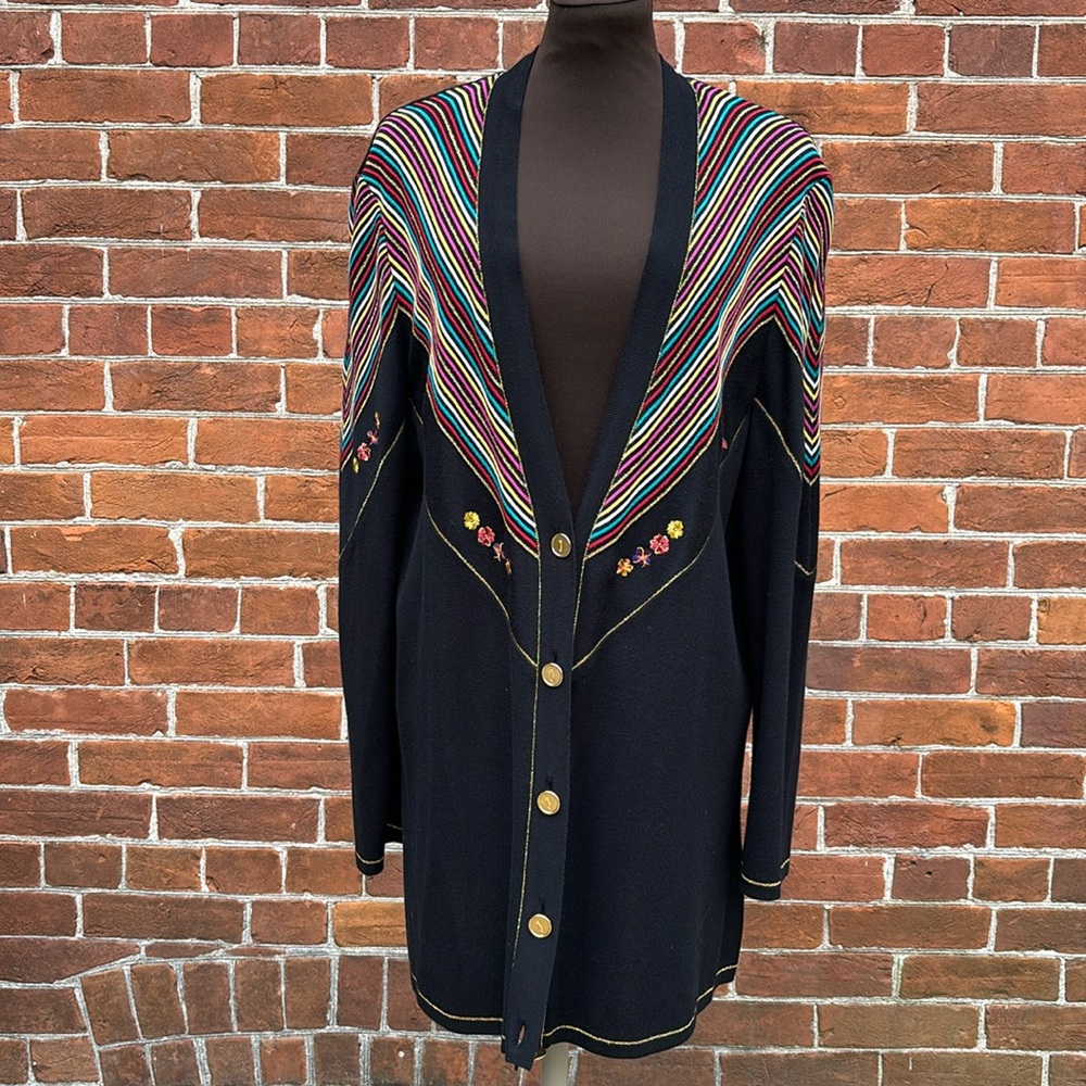 Vintage Black Cardigan with Multicolor Stripes